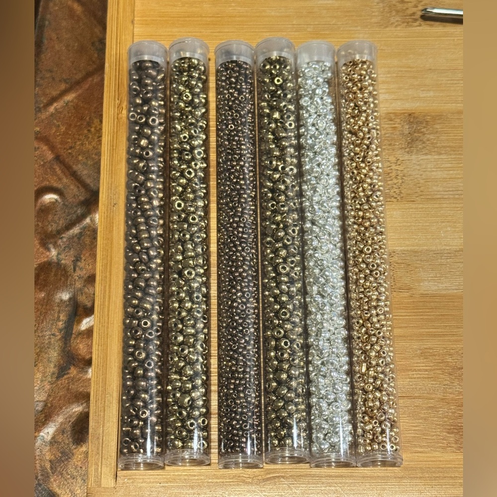 Glass Metallic Seed Beads in Storage Tubes - Bronze, Antique Gold, Silver